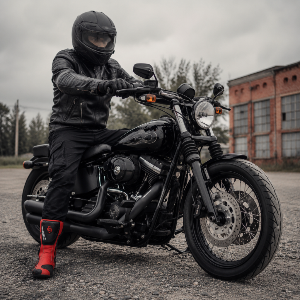 Verstärkte Motorradstiefel für Anfänger auf einem Motorrad