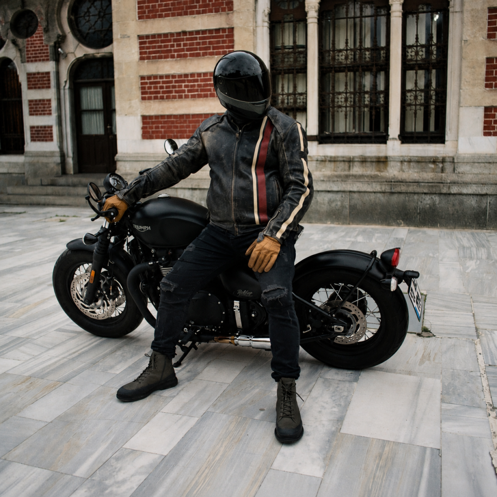Motorradjeans für Chopper Fahrer neben einem Bobber Motorrad