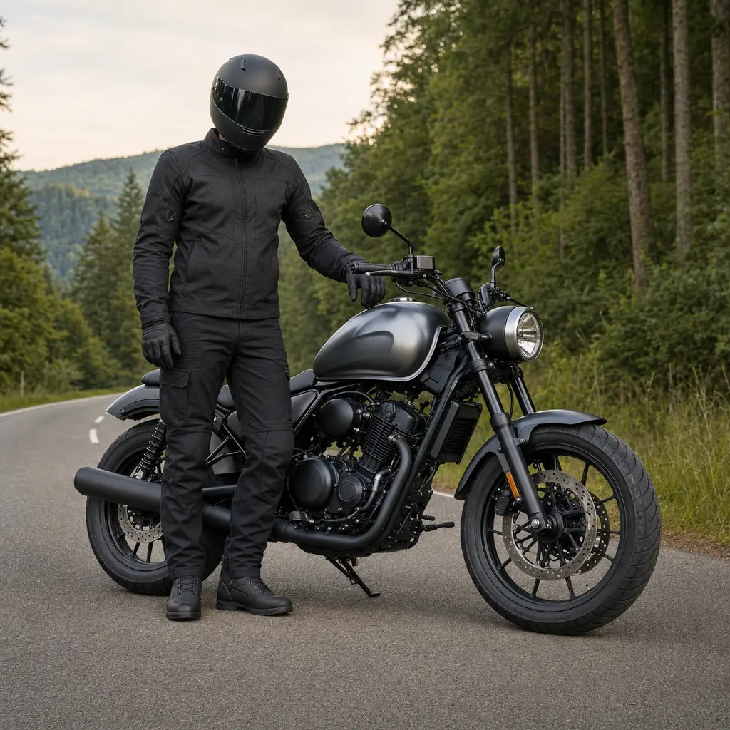 Motorrad Anfänger in kompletter Schutzausrüstung neben einem leichten Cruiser