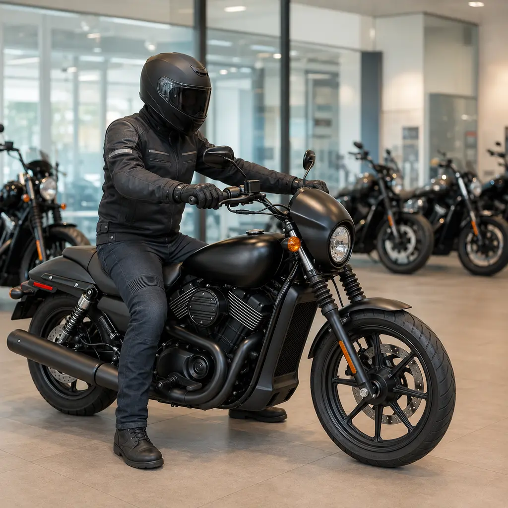 Anfänger bei der Sitzprobe auf einer Harley-Davidson Street 750 vor der ersten Probefahrt