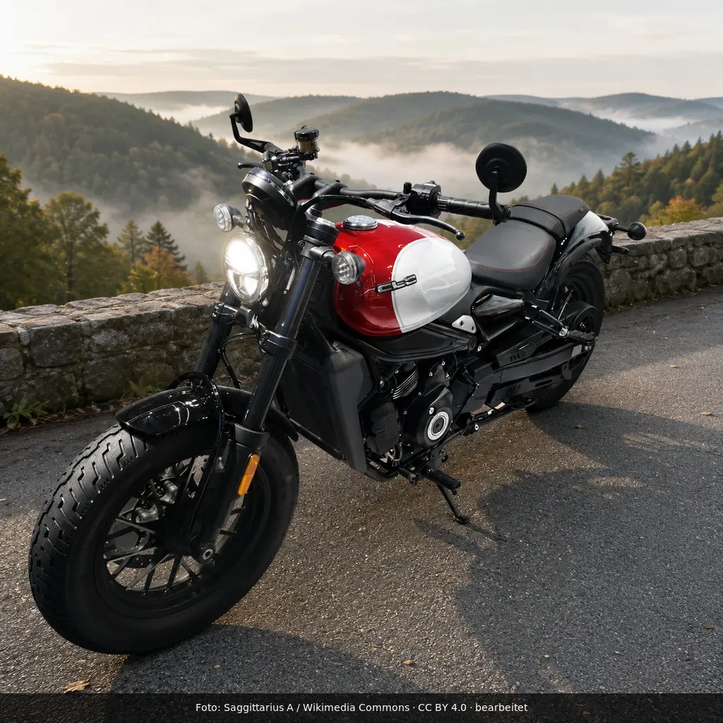 CFMOTO 450CL-C in Rot-Weiß auf einer Bergstraße mit bewaldeten Hügeln