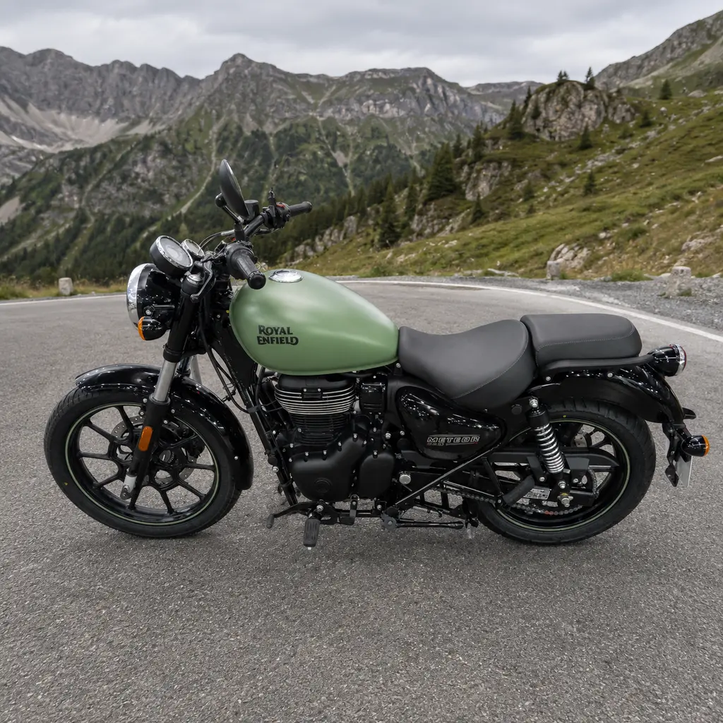 Mattgrüne Royal Enfield Meteor 350 in Seitenansicht auf einer Bergstraße