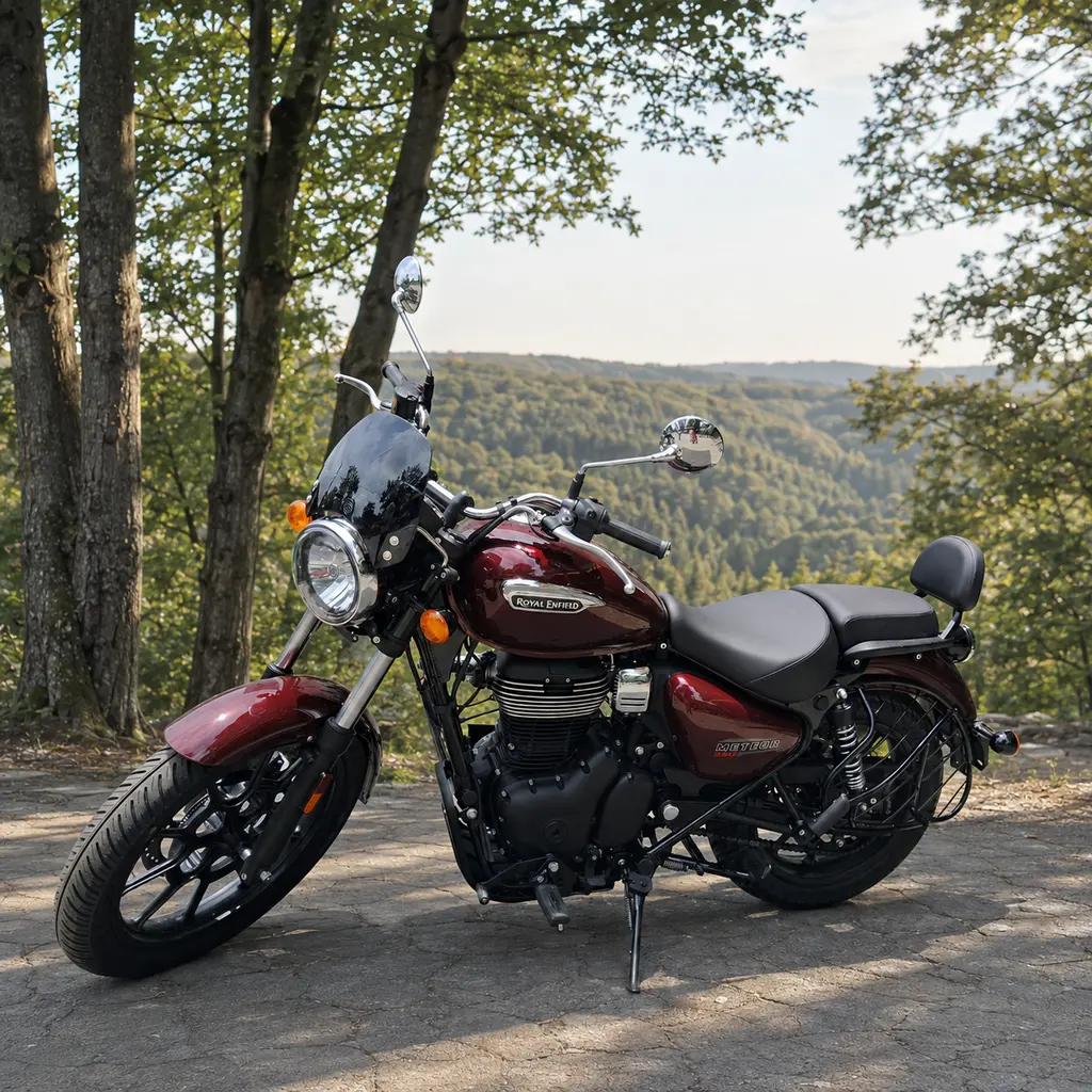 Weinrote Royal Enfield Meteor 350 an einem Aussichtspunkt im Wald
