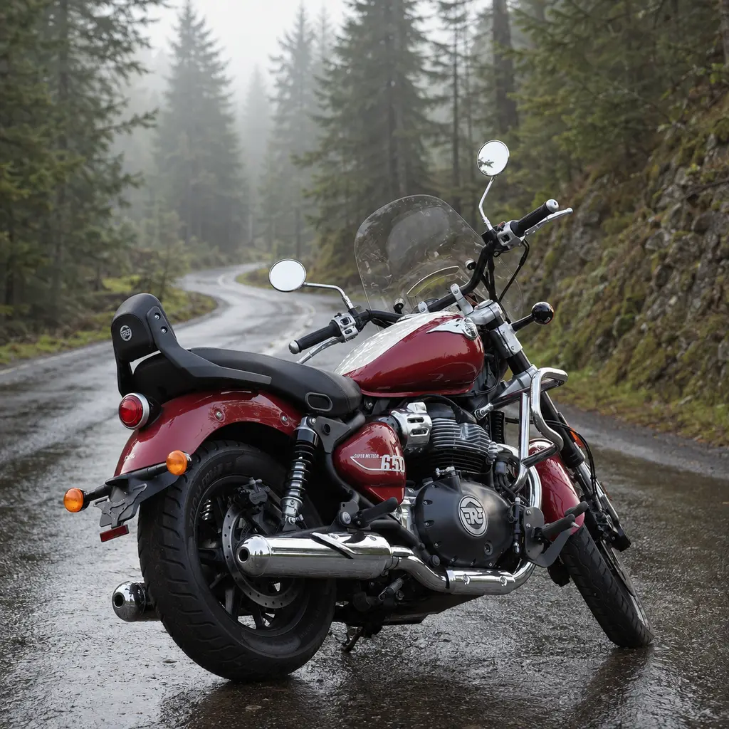 Royal Enfield Super Meteor 650 Celestial Red in Heck-Dreiviertelansicht auf einer nassen Straße im nebligen Nadelwald