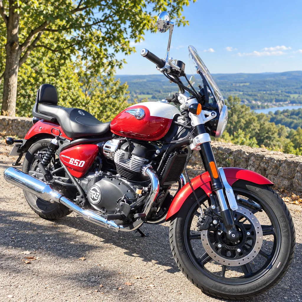 Rot-weiße Royal Enfield Super Meteor 650 mit Windschild vor einer hügeligen Landschaft